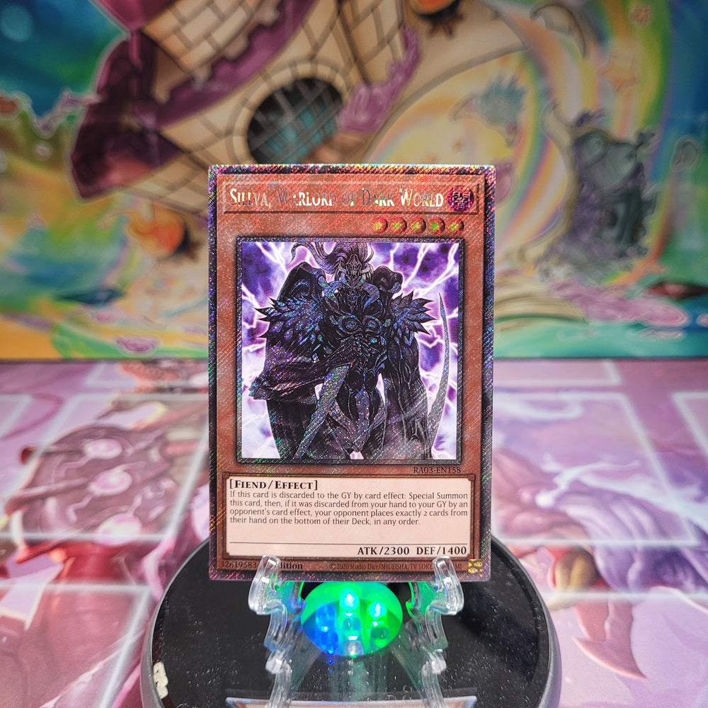 A Platinum Secret Rare "Sillva, Warlord of Dark World" card from the Yugioh Set: Quarter Century Bonanza (RA03).