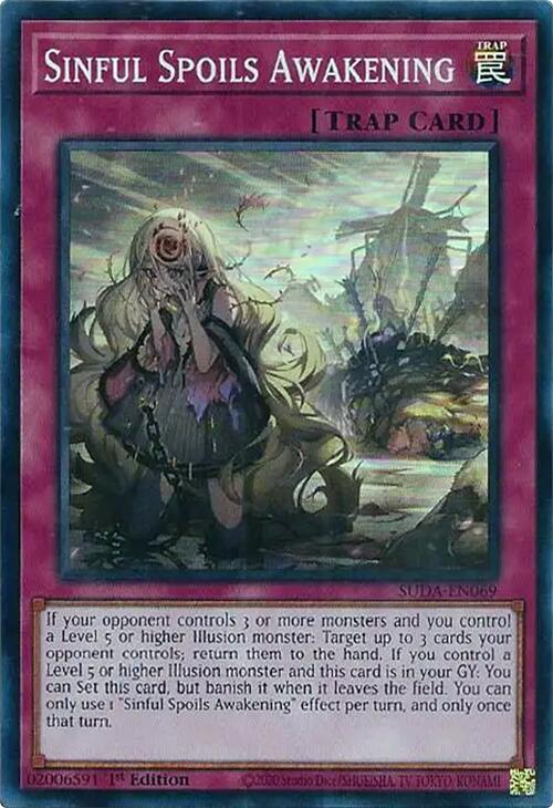 A Super Rare "Sinful Spoils Awakening" card from the Yugioh Set: Supreme Darkness (SUDA).