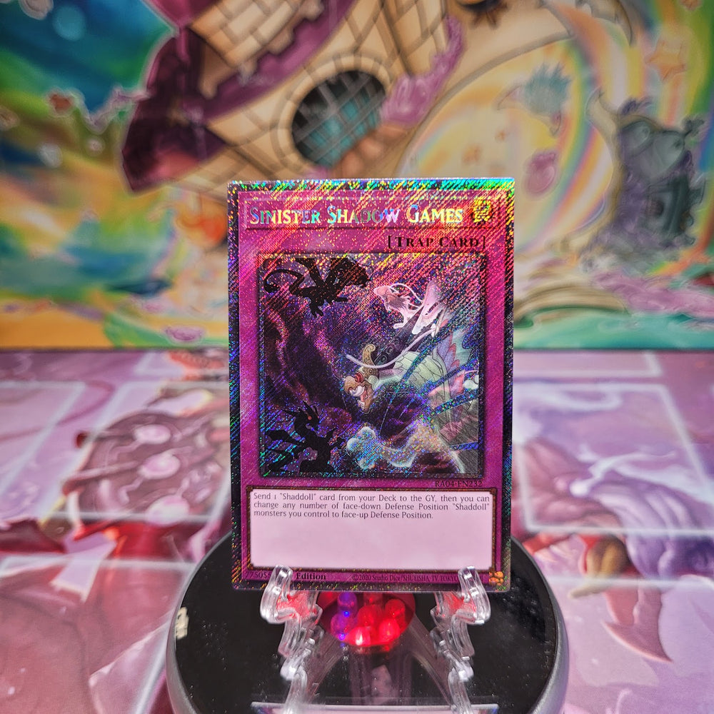 A Platinum Secret Rare "Sinister Shadow Games" card from the Yugioh Set: Quarter Century Stampede (RA04).