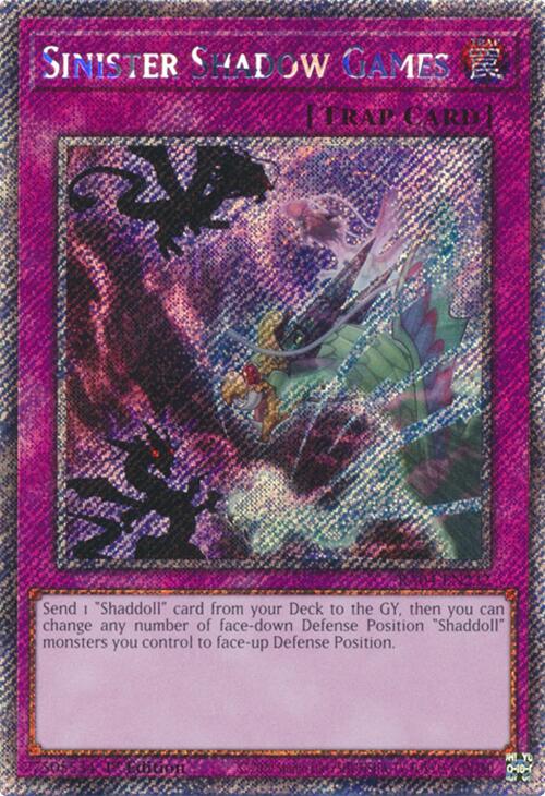 A Platinum Secret Rare "Sinister Shadow Games" card from the Yugioh Set: Quarter Century Stampede (RA04).