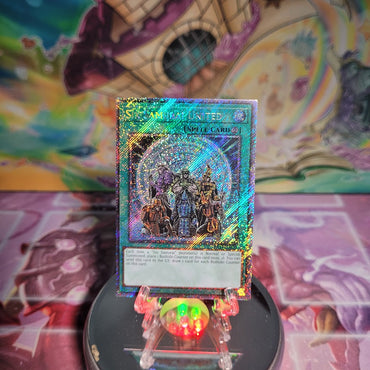 A Platinum Secret Rare "Six Samurai United" card from the Yugioh Set: Quarter Century Bonanza (RA03)