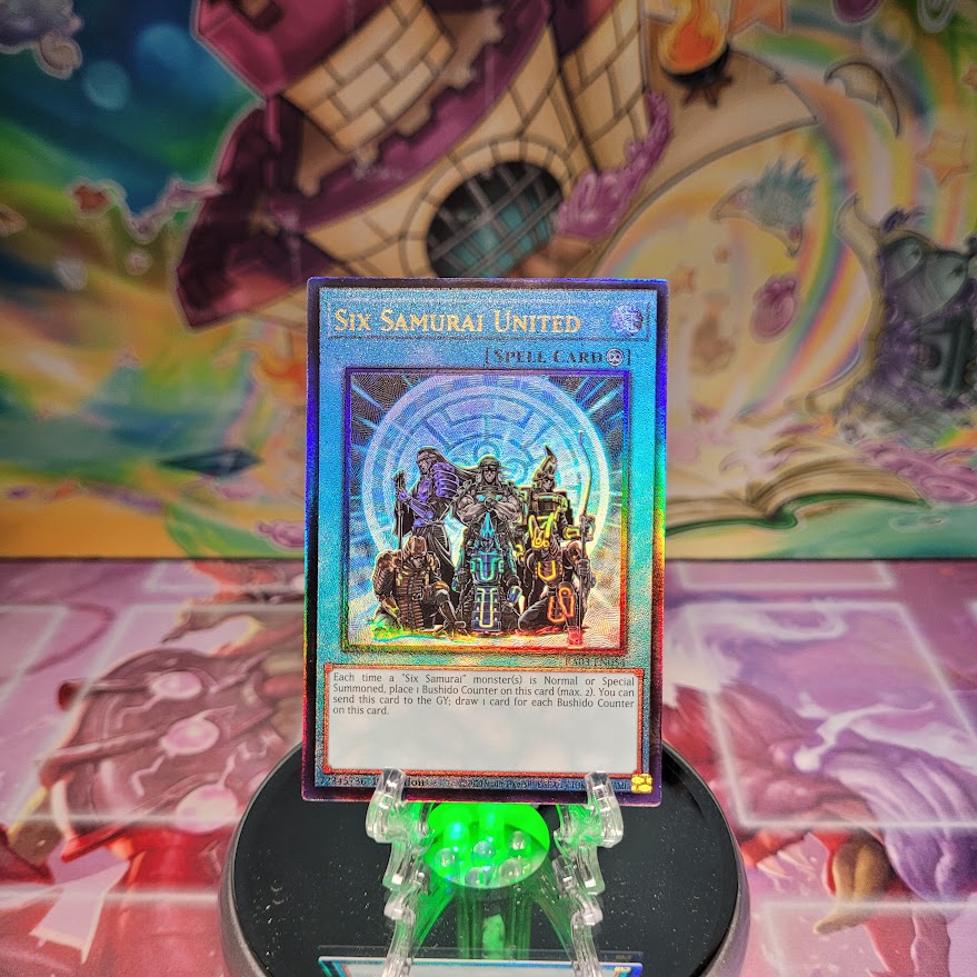 A Prismatic Ultimate Rare "Six Samurai United" card from the Yugioh Set: Quarter Century Bonanza (RA03).