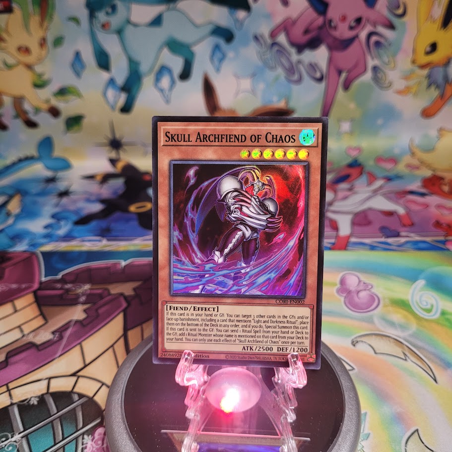 A Super Rare “Skull Archfiend of Chaos” card from the Yugioh Set: Chaos Origins (CORI).