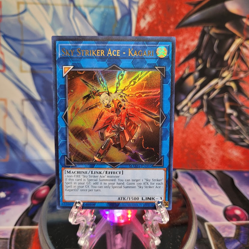 An Ultra Rare "Sky Striker Ace - Kagari" card from the Yugioh Set: Magnificent Mavens.