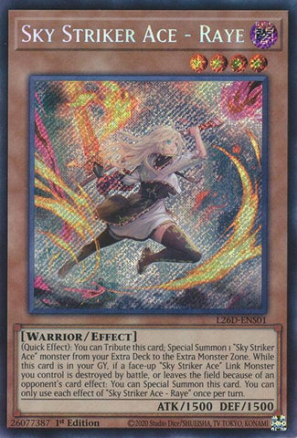 A Secret Rare Alternate Art "Sky Striker Ace - Raye" card from the Yugioh Legendary Modern Decks (L26D).