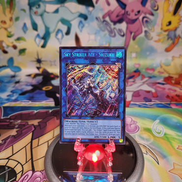 A Secret Rare "Sky Striker Ace - Shizuku" card from the Yugioh Legendary Modern Decks (L26D).