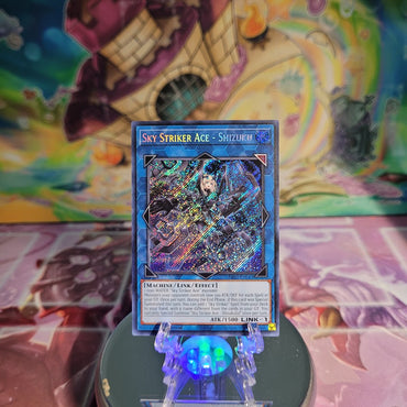 A Secret Rare "Sky Striker Ace - Shizuku" card from the Yugioh Set: Quarter Century Bonanza (RA03).