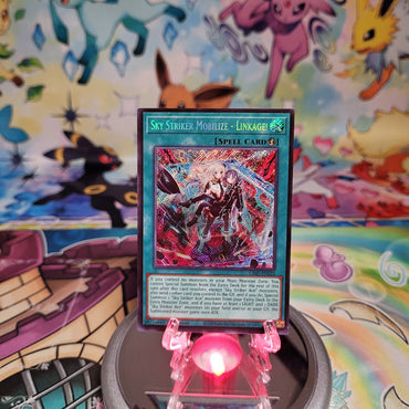 A Secret Rare "Sky Striker Mobilize - Linkage" card from the Yugioh Legendary Modern Decks (L26D).