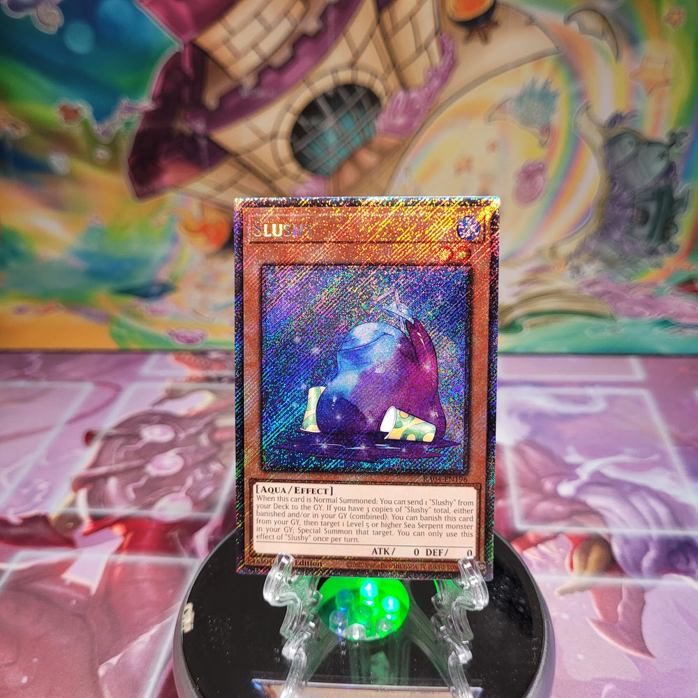 A Platinum Secret Rare "Slushy" card from the Yugioh Set: Quarter Century Stampede (RA04).