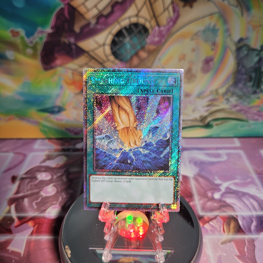 A Platinum Secret Rare "Smashing Ground" card from the Yugioh Set: Quarter Century Bonanza (RA03).