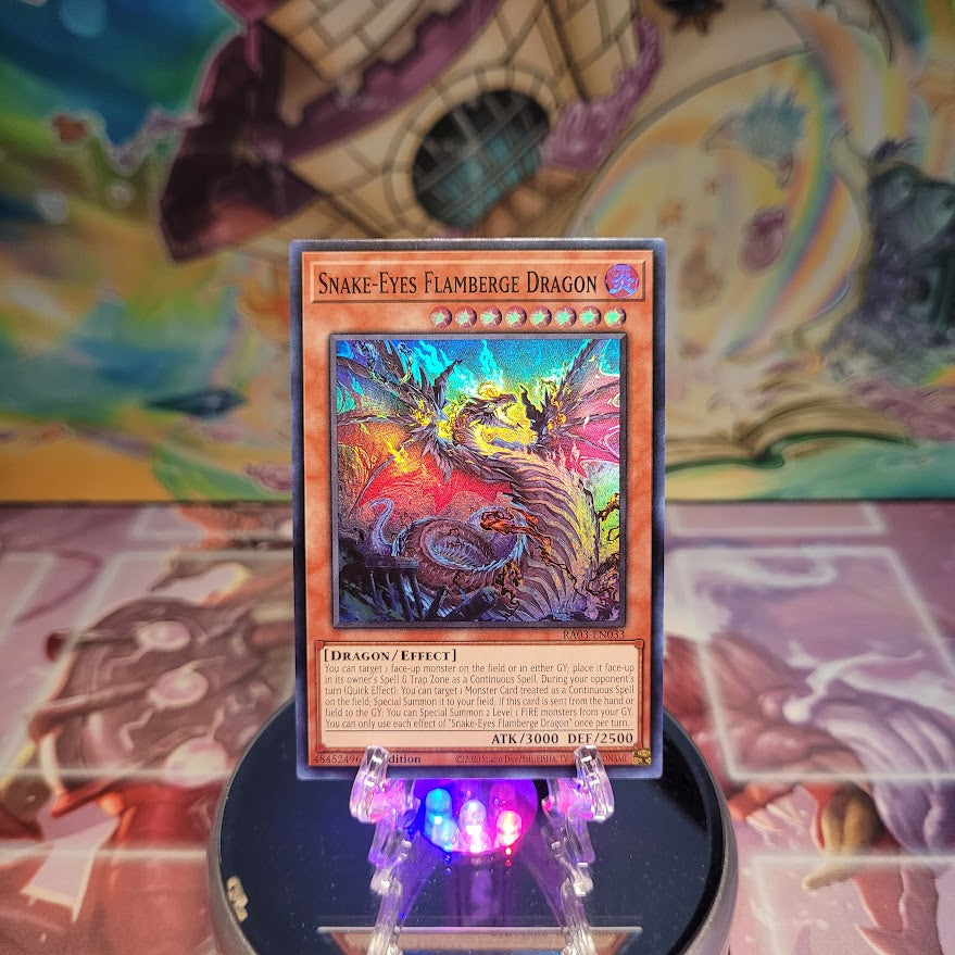 A Super Rare "Snake-Eyes Flamberge Dragon" card from the Yugioh Set: Quarter Century Bonanza (RA03).