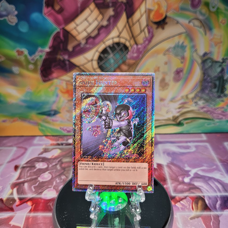 A Platinum Secret Rare "Snipe Hunter" card from the Yugioh Set: Quarter Century Bonanza (RA03)