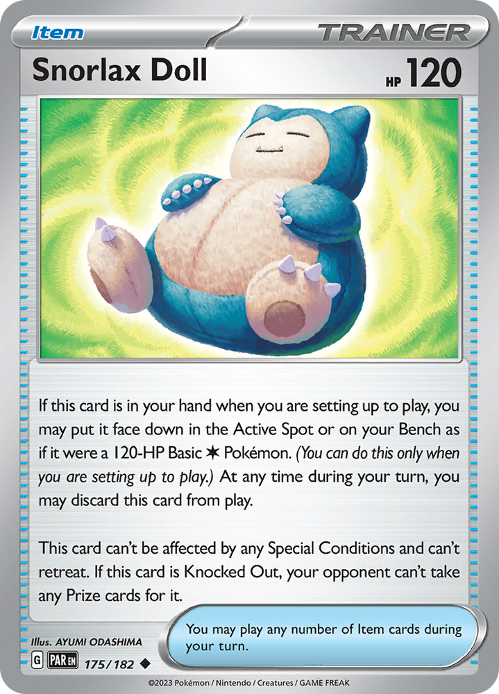 An uncommon "Snorlax Doll" (175/182) card from the Pokemon Set: Paradox Rift.