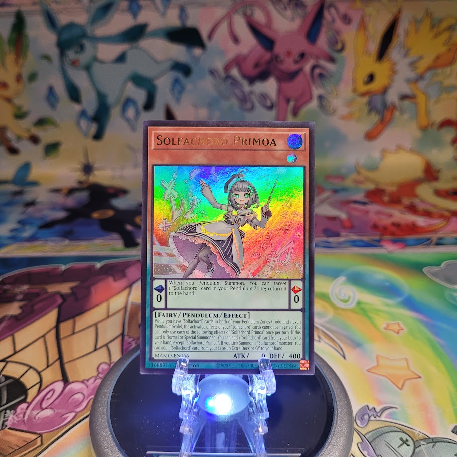 An Ultra Rare "Solfachord Primoa" card from the Yugioh Set: Magnificent Monsters (MAMO).