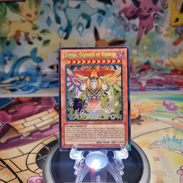 A Secret Rare "Sophia, Goddess of Rebirth" card from the Yugioh Set: Hidden Arsenal 7: Knight of Stars (HA07).