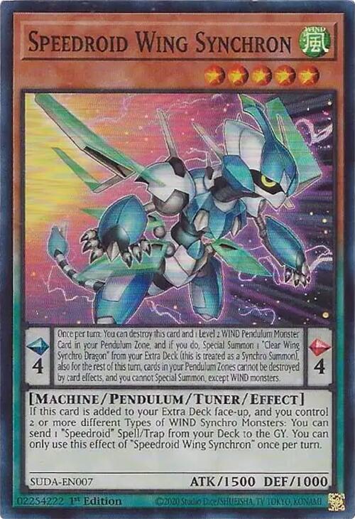 A Super Rare "Speedroid Wing Synchron" card from the Yugioh Set: Supreme Darkness (SUDA).
