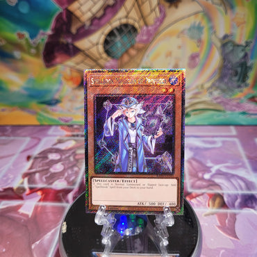 A Platinum Secret Rare "Spellbook Magician of Prophecy" card from the Yugioh Set: Quarter Century Stampede (RA04).