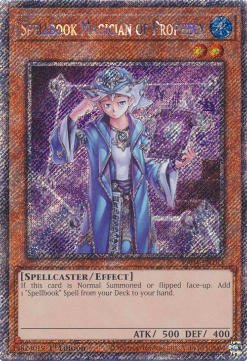 A Platinum Secret Rare "Spellbook Magician of Prophecy" card from the Yugioh Set: Quarter Century Stampede (RA04).