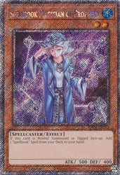 A Platinum Secret Rare "Spellbook Magician of Prophecy" card from the Yugioh Set: Quarter Century Stampede (RA04).