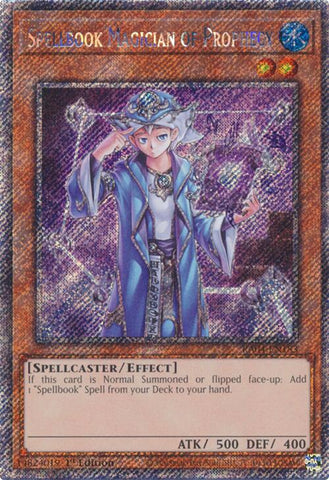A Platinum Secret Rare "Spellbook Magician of Prophecy" card from the Yugioh Set: Quarter Century Stampede (RA04).