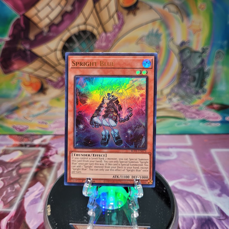 An Ultra Rare "Spright Blue" card from the Yugioh Set: Battles of Legend: Terminal Revenge.