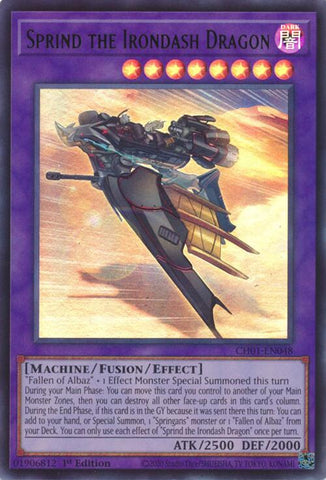 An Ultra Rare "Sprind the Irondash Dragon" card from the Yugioh Structure Deck: The Fallen & The Virtuous (CH01).
