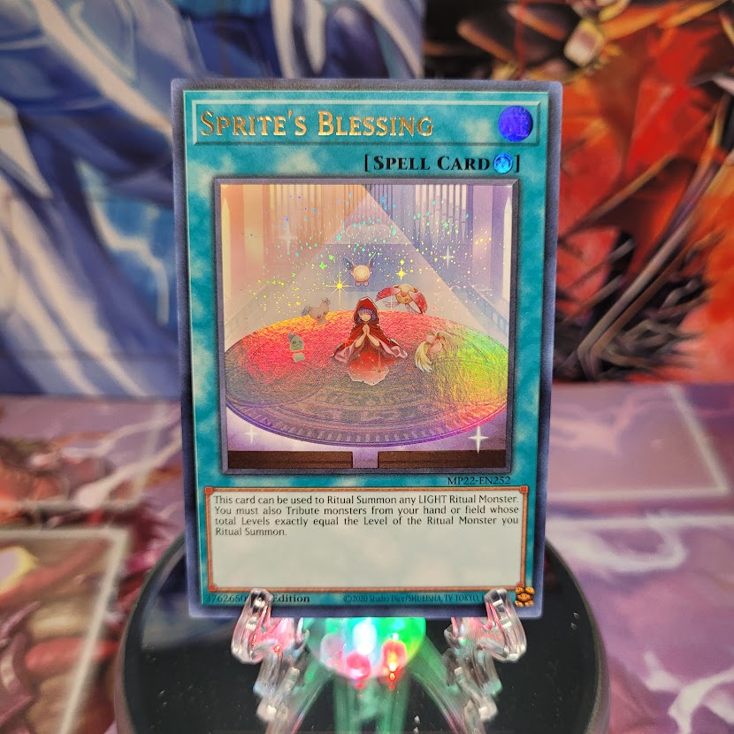 An Ultra Rare "Sprite's Blessing" card from the Yugioh 2022 Tin of the Pharaoh's Gods Set (MP22).