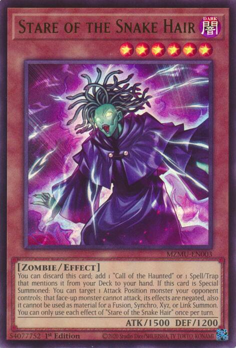 An Ultra Rare "Stare of the Snake Hair" card from the Yugioh Set: Maze of Muertos (MZMU).