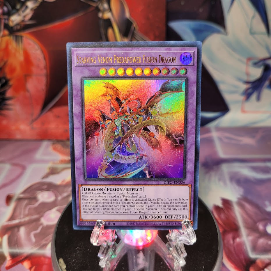 An Ultra Rare "Starving Venom Predapower Fusion Dragon" card from the Yugioh Set: Dimension Force (DIFO).