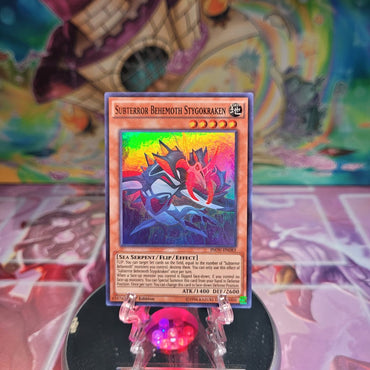 A Super Rare "Subterror Behemoth Stygokraken" card from the Yugioh Set: Invasion: Vengeance.