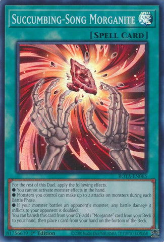 A Super Rare "Succumbing-Song Morganite" card from the Yugioh Set: Rage of the Abyss (ROTA).