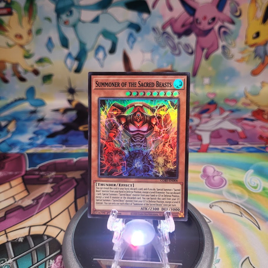 A Super Rare “Summoner of the Sacred Beasts” card from the Yugioh Set: Chaos Origins (CORI).
