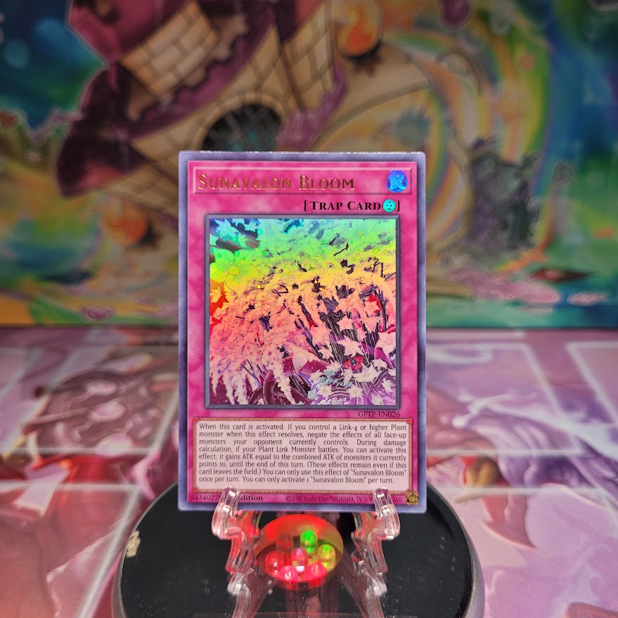 An Ultra Rare "Sunavalon Bloom" card from the Yugioh Set: Ghosts From the Past.