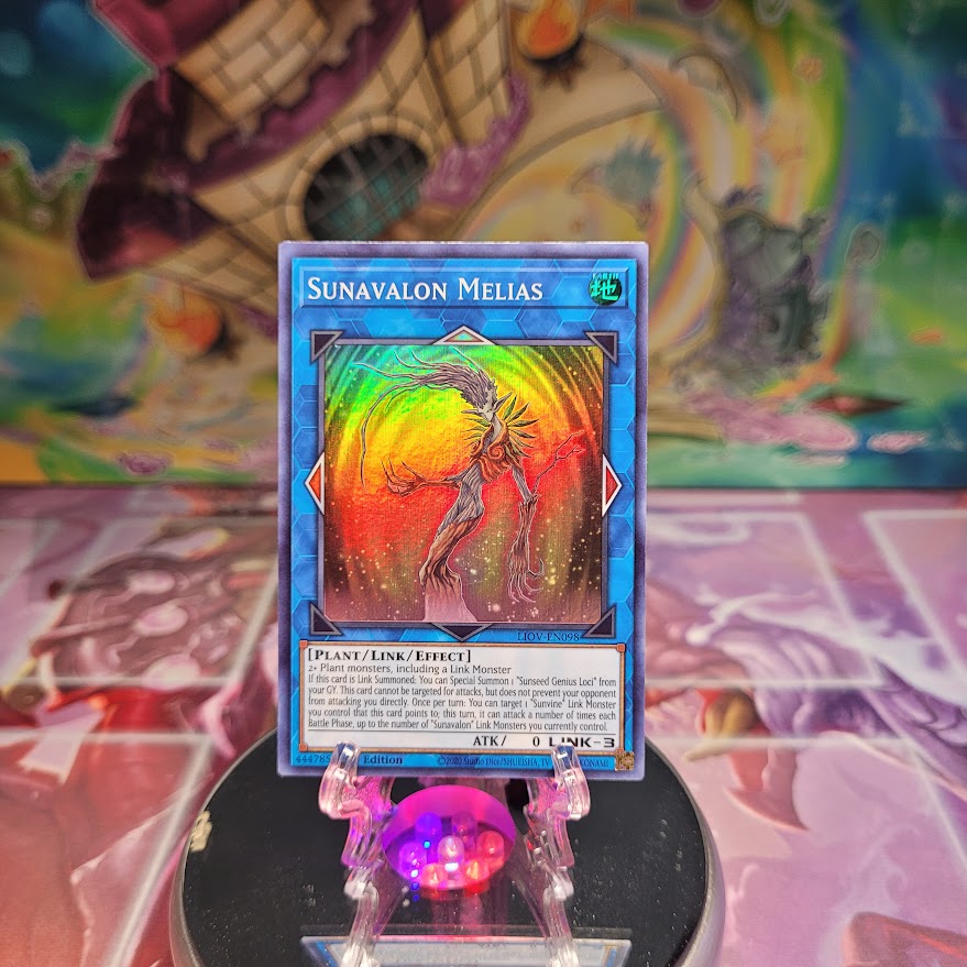 A Super Rare "Sunavalon Melias" card from the Yugioh Set: Lightning Overdrive.