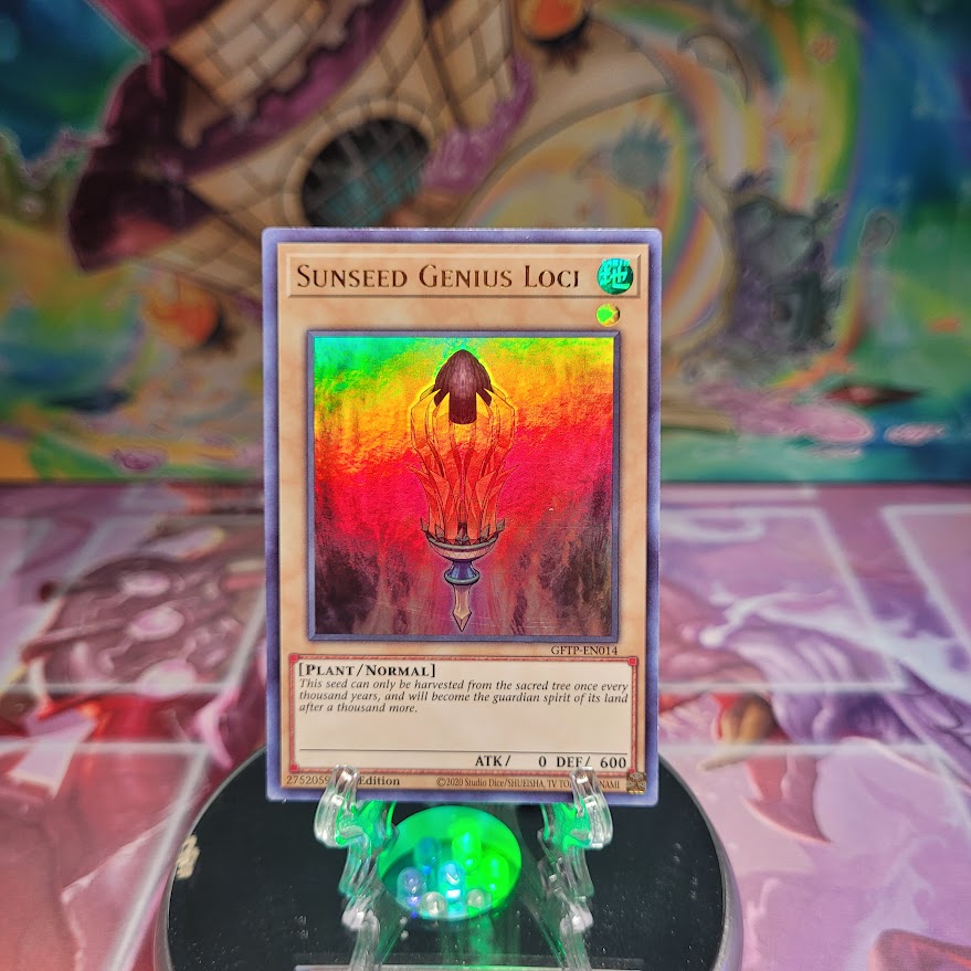 An Ultra Rare "Sunseed Genius Loci" card from the Yugioh Set: Ghosts From the Past.