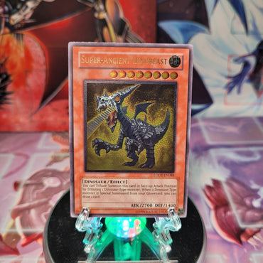 An Ultimate Rare "Super Ancient Dinobeast" card from the Yugioh Set: Light of Destruction.