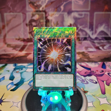 A Platinum Secret Rare "Super Polymerization" card from the Yugioh Set: Quarter Century Bonanza (RA03).