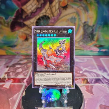 A Super Rare "Super Quantal Mech Beast Lusterrex" card from the Yugioh Set: Dark Neostorm.