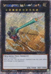 A Platinum Secret Rare "Superdreadnought Rail Cannon Gustav Max" card from the Yugioh Set: Quarter Century Stampede (RA04).