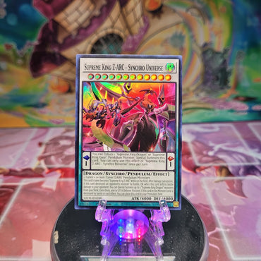 A Super Rare "Supreme King Z-Arc - Synchro Universe" card from the Yugioh Set: Legacy of Destruction.