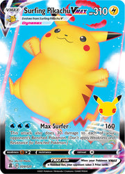 An Ultra Rare "Surfing Pikachu VMax" (009/025) card from the Pokemon Set: Sword & Shield: Celebrations.