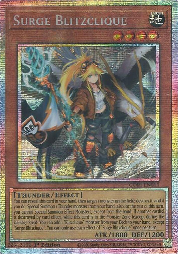 A Starlight Rare "Surge Blitzclique" card from the Yugioh Set: Chaos Origins (CORI).