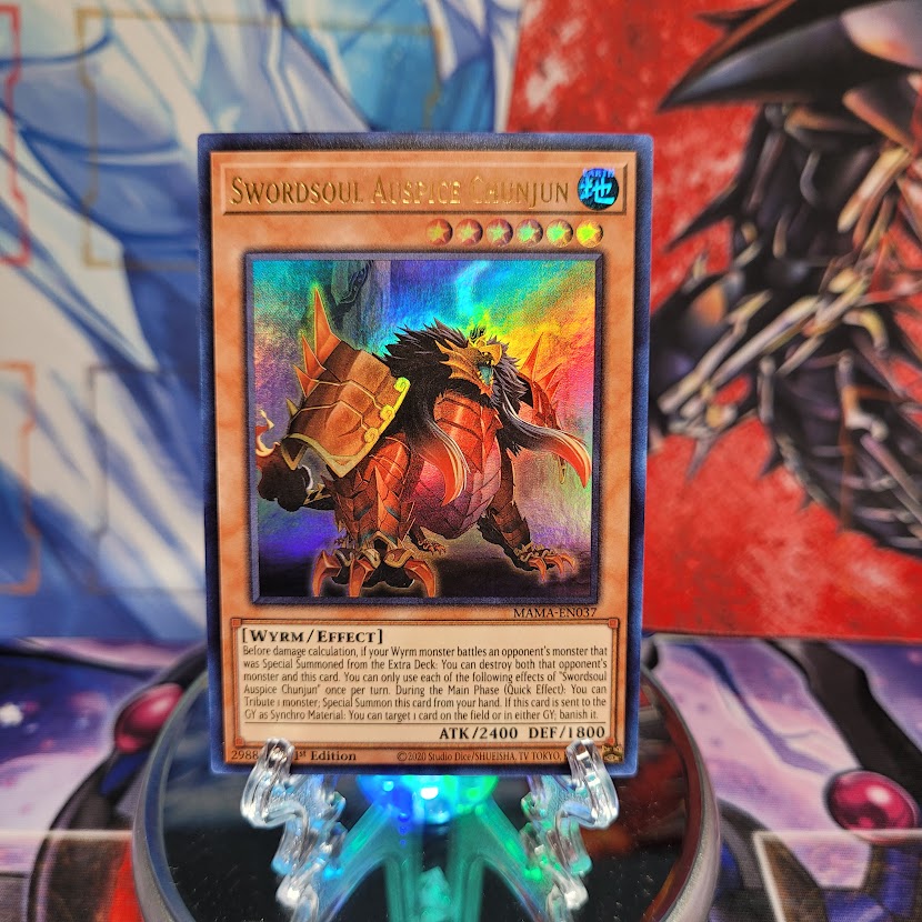 An Ultra Rare "Swordsoul Auspice Chunjun" card from the Yugioh Set: Magnificent Mavens.