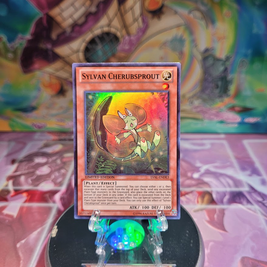 A Super Rare "Sylvan Cherubsprout" card from the Yugioh Set: Legacy of the Valiant.