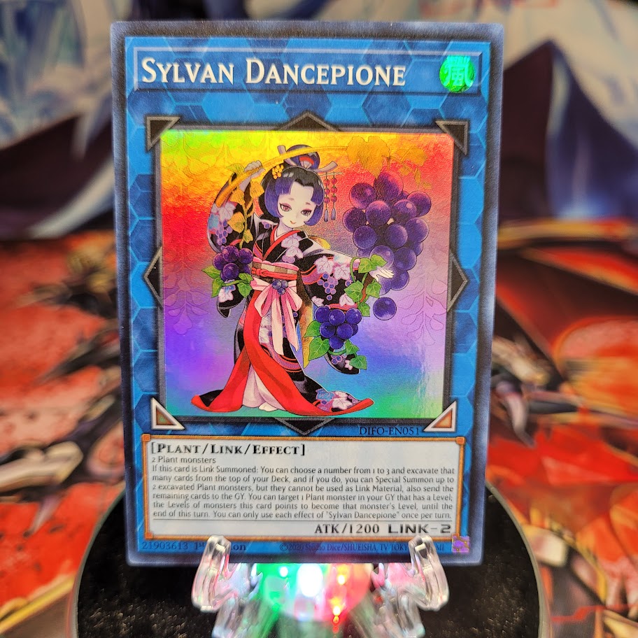  A Super Rare "Sylvan Dancepione" card from the Yugioh Set: Dimension Force.