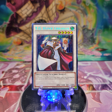 A Secret Rare "T.G. Hyper Librarian" card from the Yugioh Set: Rarity Collection 2 (RA02).