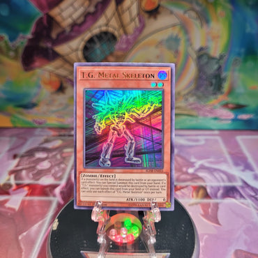 An Ultra Rare "T.G. Metal Skeleton" card from the Yugioh Set: battles of Legend: Hero's Revenge.