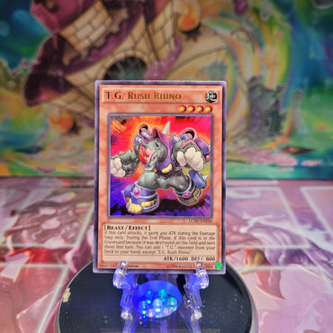 An Ultra Rare "T.G. Rush Rhino" card from the Yugioh Set: Legendary Collection 5D's.