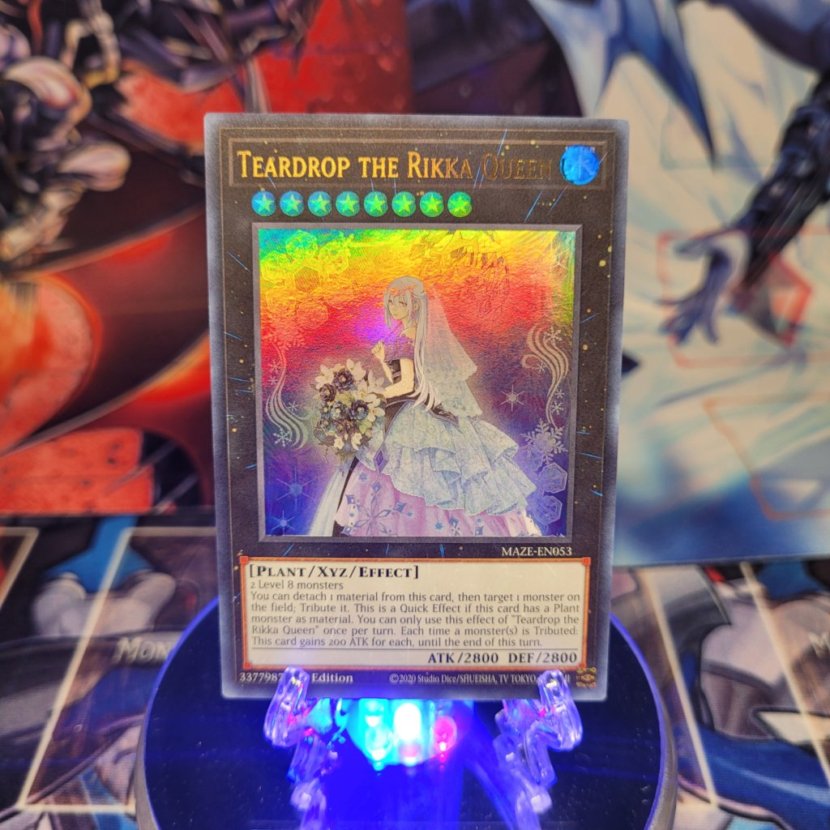 An Ultra Rare "Teardrop the Rikka Queen" card from the Yugioh Set: Maze of Memories.