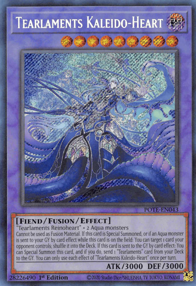 A Secret Rare "Tearlaments Kaleido-Heart" card from the Yugioh Set: Power of the Elements (POTE).